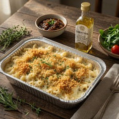 A baked vegan mac and cheese dish in a rectangular aluminum pan sits on a rustic wooden table, surrounded by fresh herbs, a bottle of olive oil, a bowl of greens, cherry tomatoes, and a fork on a napkin.