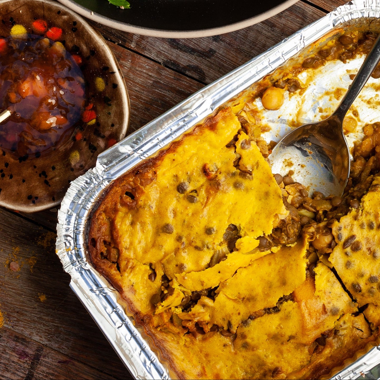 vegan bobotie ready-made meal on a wooden table