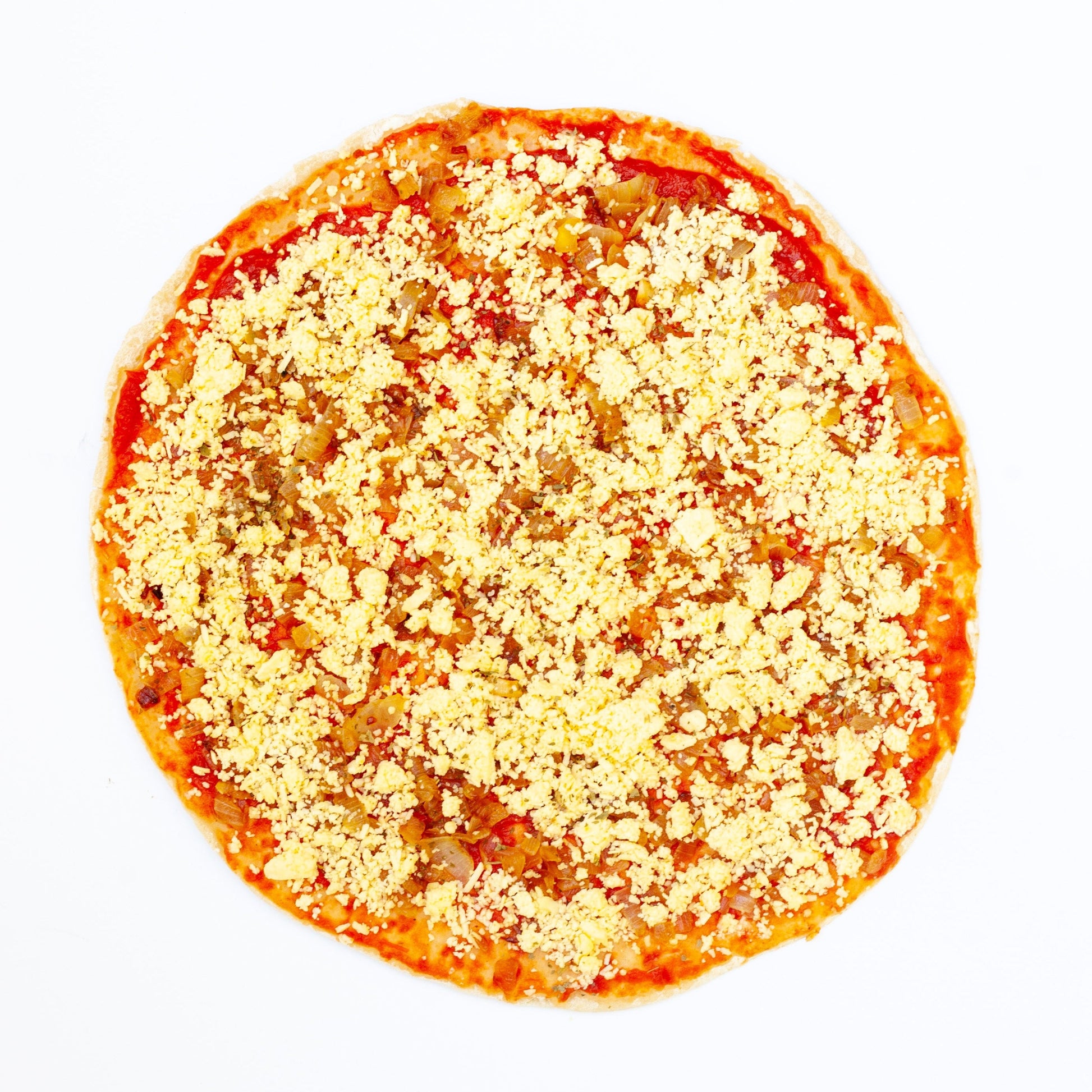 vegan caramelised onion pizza with tomato sauce and vegan cheese on a white background